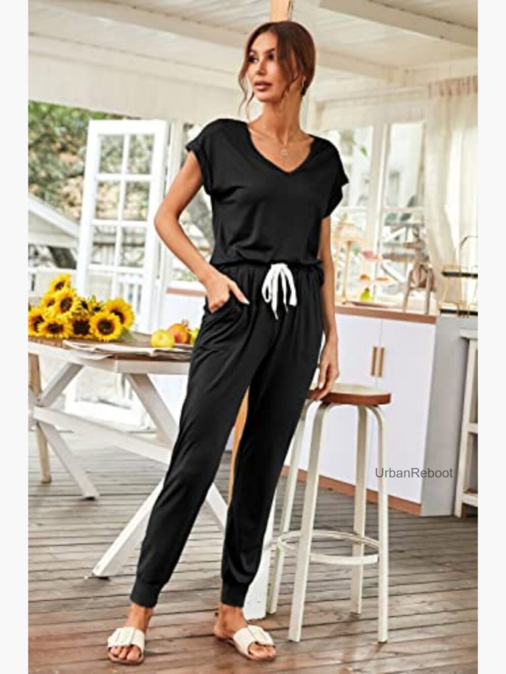 Women's Two Piece Tracksuit Short Sleeve V Neck Jogger Set Lounge Outfit - Picture 4 of 7